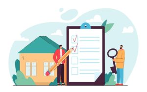 An illustration depicting two tiny figures conducting a checklist, ensuring conditions for a successful real estate sale are met.