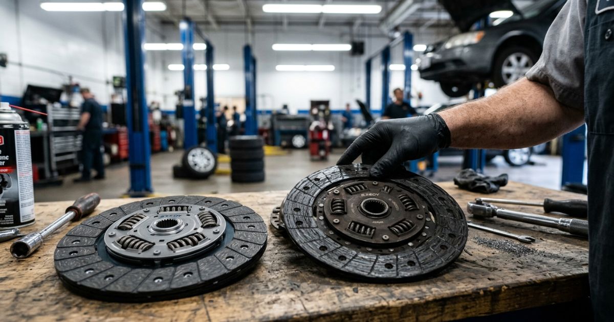 Worn clutch disc next to a new one during professional clutch and gearbox repair inspection