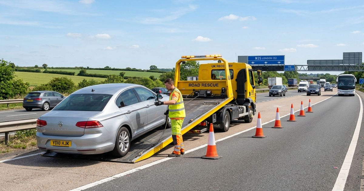 Flatbed recovery truck loading a broken-down car on UK motorway hard shoulder – complete guide to vehicle recovery services