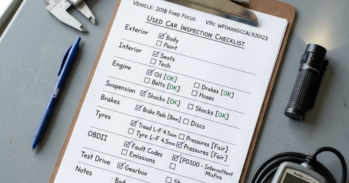 Mechanic's 20-point used car inspection checklist with tools for choosing the right used car in 2026